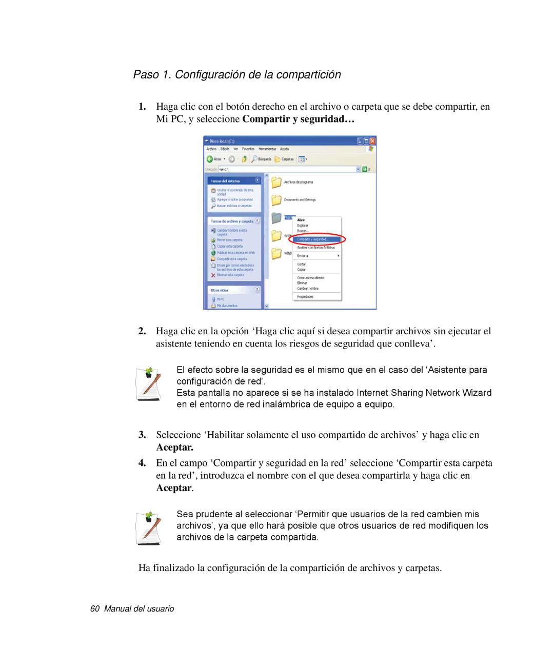 Samsung NP-Q30T003/SES, NP-Q30TY02/SES, NP-Q30T001/SES, NP-Q30CY01/SES Paso 1. Configuración de la compartición, Aceptar 