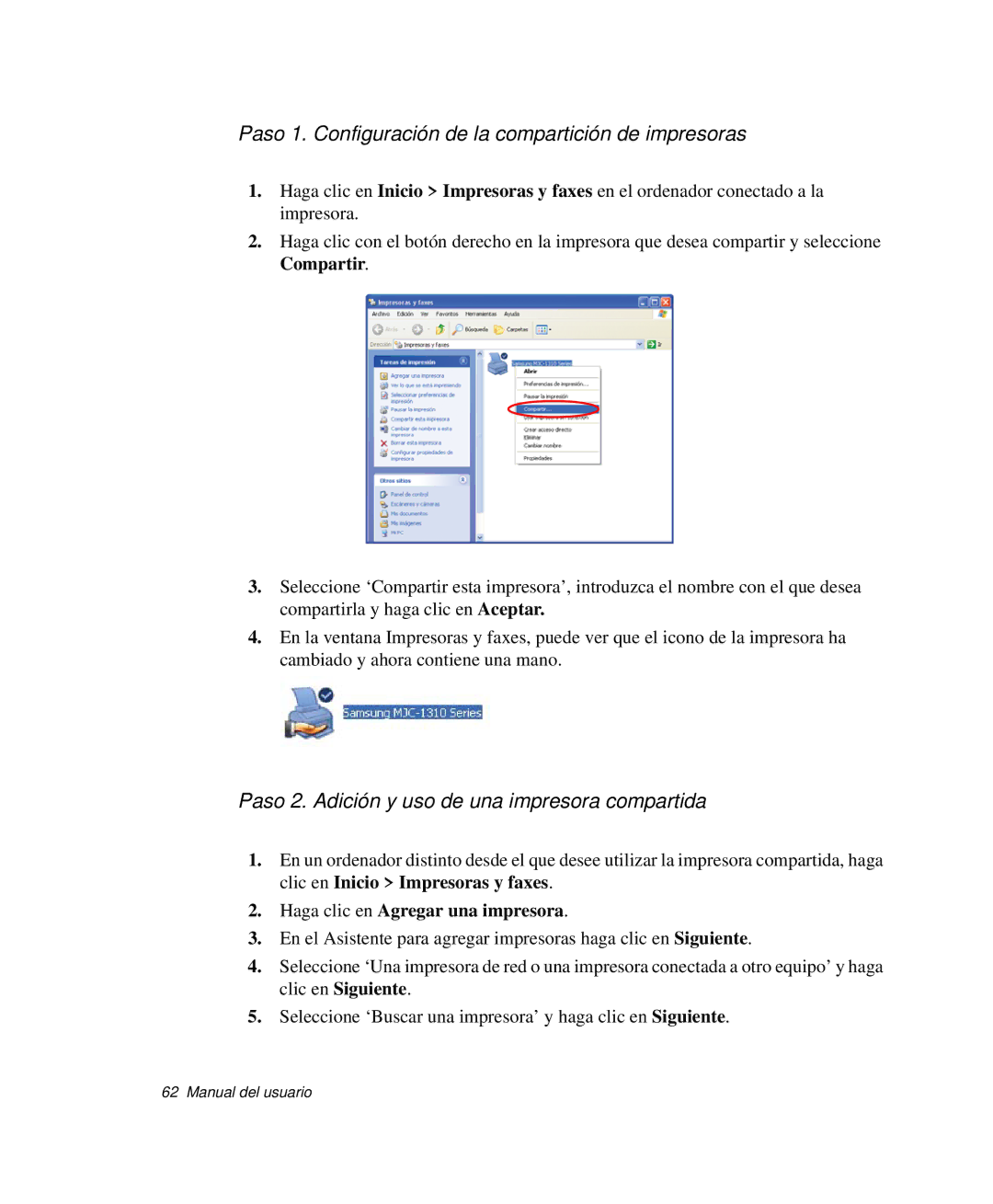 Samsung NP-P40TV02/SES manual Paso 1. Configuración de la compartición de impresoras, Haga clic en Agregar una impresora 