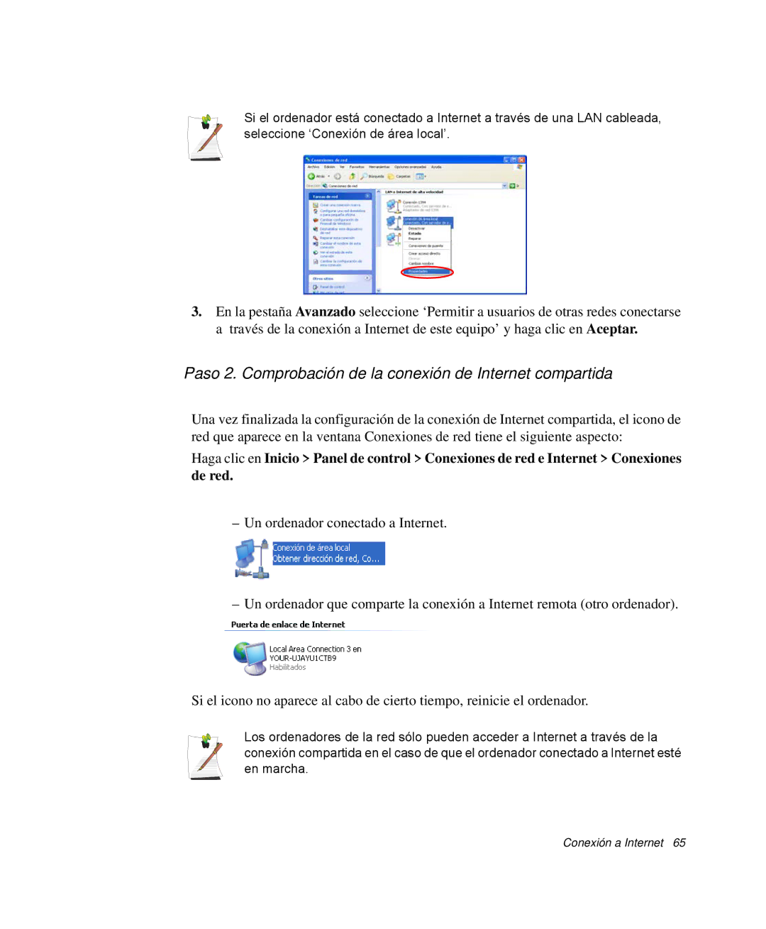 Samsung NP-Q30TY01/SES, NP-Q30TY02/SES, NP-Q30T001/SES manual Paso 2. Comprobación de la conexión de Internet compartida 