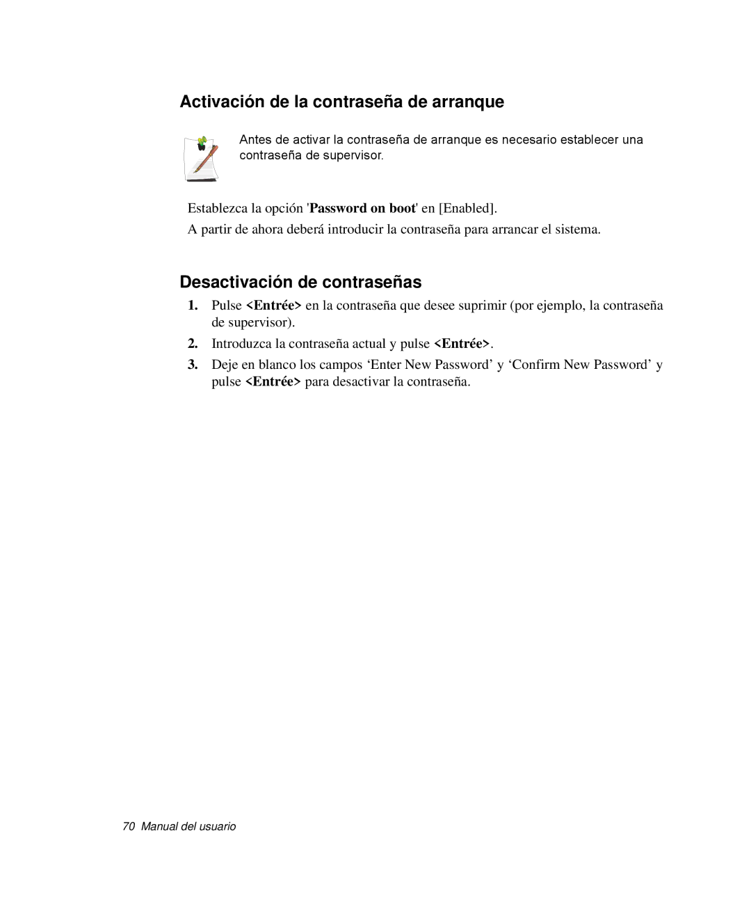 Samsung NP-Q30CY02/SES, NP-Q30TY02/SES manual Activación de la contraseña de arranque, Desactivación de contraseñas 