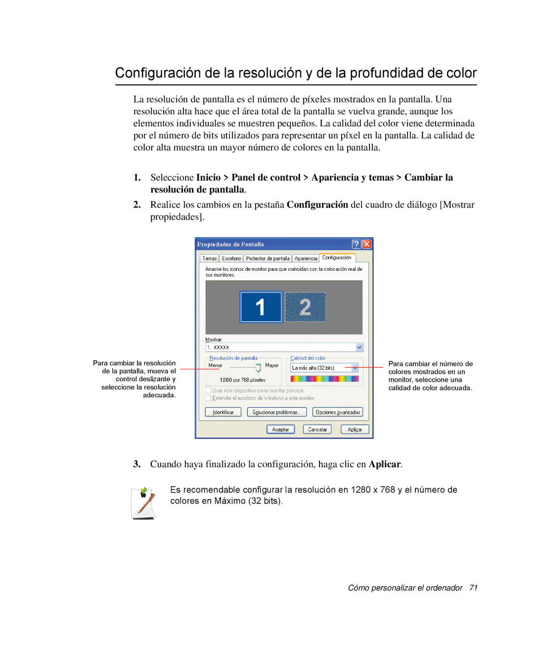 Samsung NP-Q30TY02/SES, NP-Q30T001/SES, NP-Q30CY01/SES manual Configuración de la resolución y de la profundidad de color 