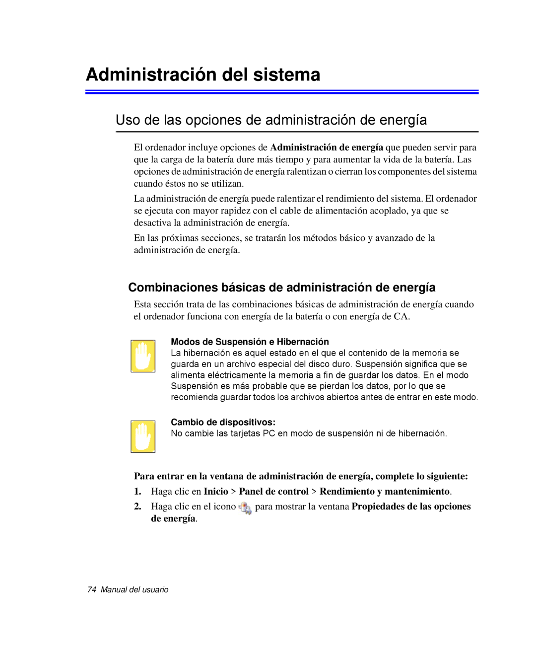 Samsung NP-Q30C002/SES, NP-Q30TY02/SES manual Administración del sistema, Uso de las opciones de administración de energía 