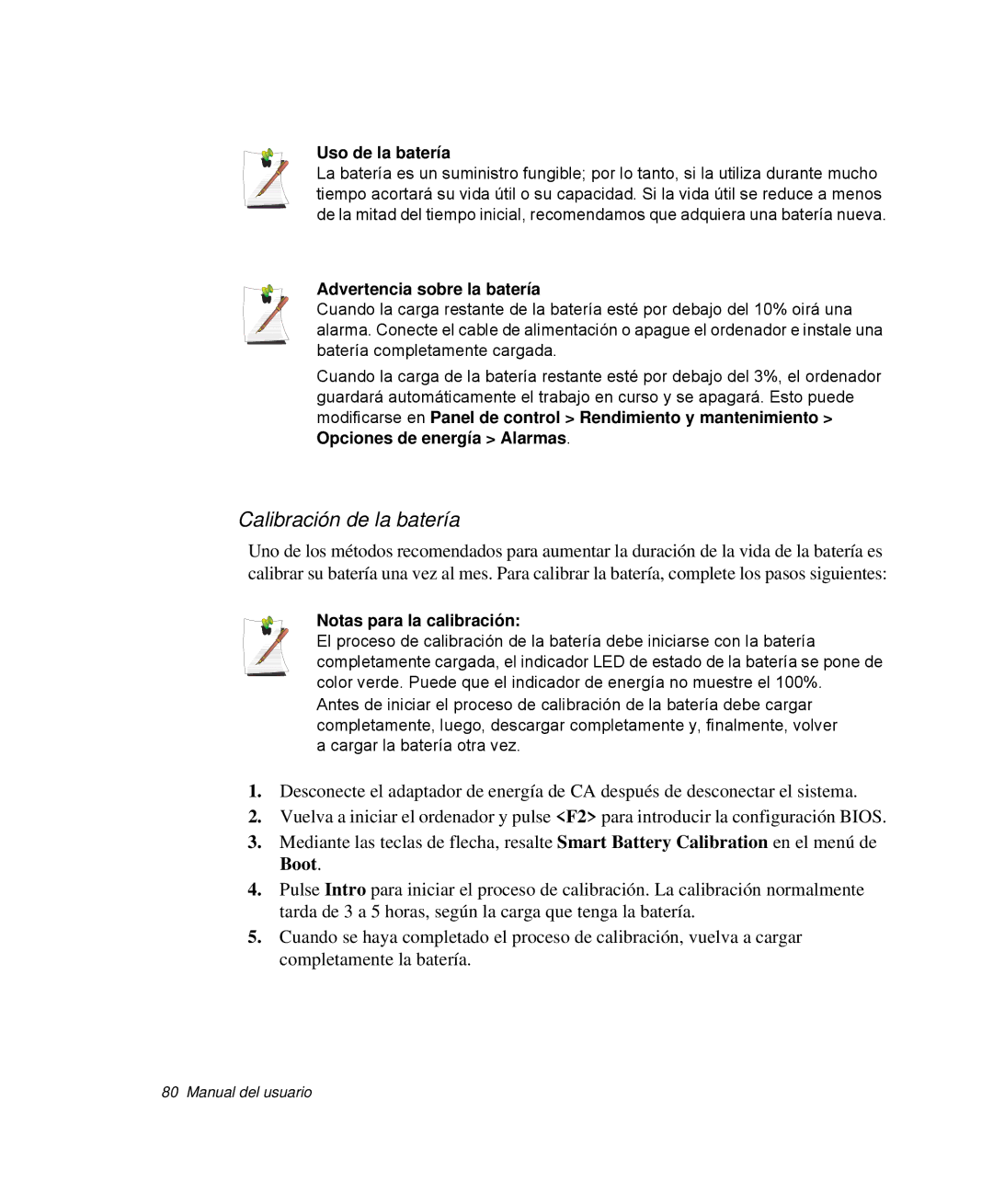 Samsung NP-Q30TY03/SES, NP-Q30TY02/SES manual Calibración de la batería, Uso de la batería, Advertencia sobre la batería 