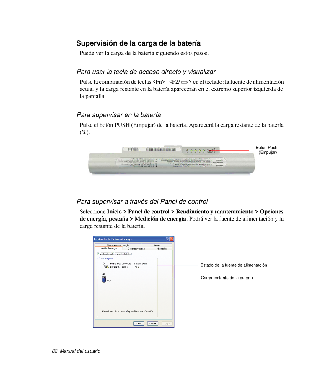 Samsung NP-Q30C002/SES manual Supervisión de la carga de la batería, Para usar la tecla de acceso directo y visualizar 