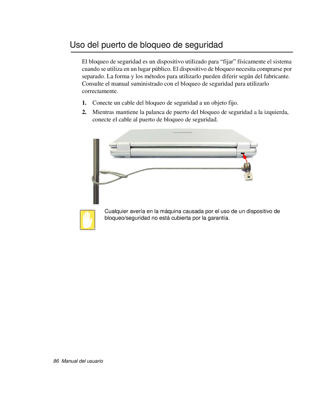 Samsung NP-Q30CY00/SES, NP-Q30TY02/SES, NP-Q30T001/SES, NP-Q30CY01/SES, NP-Q30C002/SES Uso del puerto de bloqueo de seguridad 