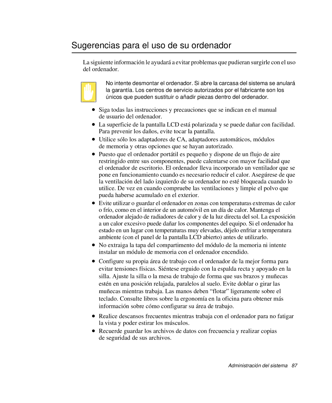 Samsung NP-Q30TY01/SES, NP-Q30TY02/SES, NP-Q30T001/SES, NP-Q30CY01/SES manual Sugerencias para el uso de su ordenador 