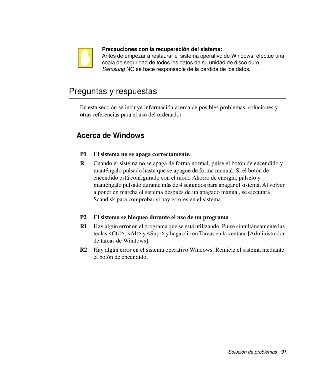 Samsung NP-Q30TY04/SES, NP-Q30TY02/SES Preguntas y respuestas, Acerca de Windows, P1 El sistema no se apaga correctamente 