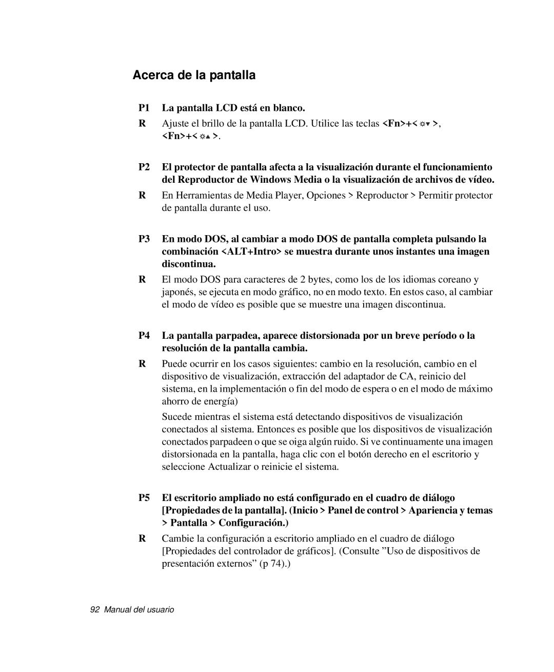 Samsung NP-Q30CY02/SES, NP-Q30TY02/SES, NP-Q30T001/SES manual Acerca de la pantalla, P1 La pantalla LCD está en blanco 