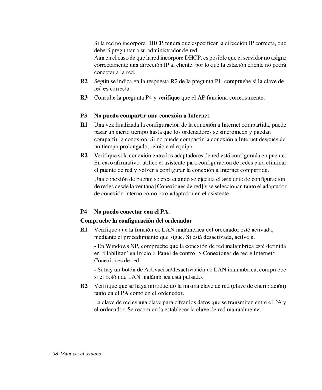 Samsung NP-Q30TY03/SES, NP-Q30TY02/SES, NP-Q30T001/SES, NP-Q30CY01/SES manual P3 No puedo compartir una conexión a Internet 