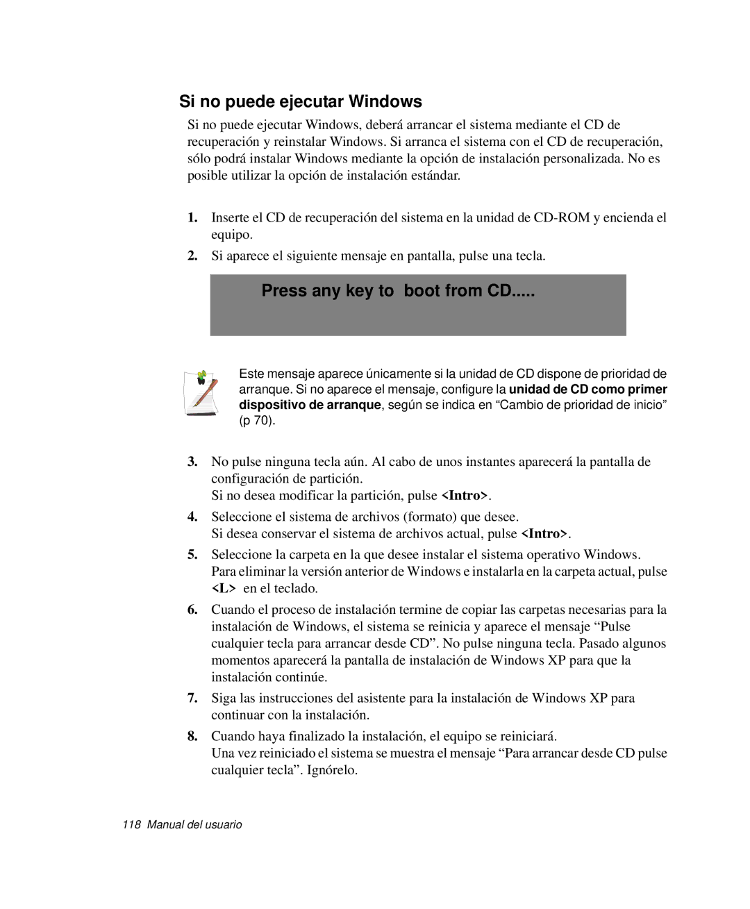 Samsung NP-Q30T000/SES, NP-Q30TY02/SES, NP-Q30T001/SES manual Si no puede ejecutar Windows, Press any key to boot from CD 