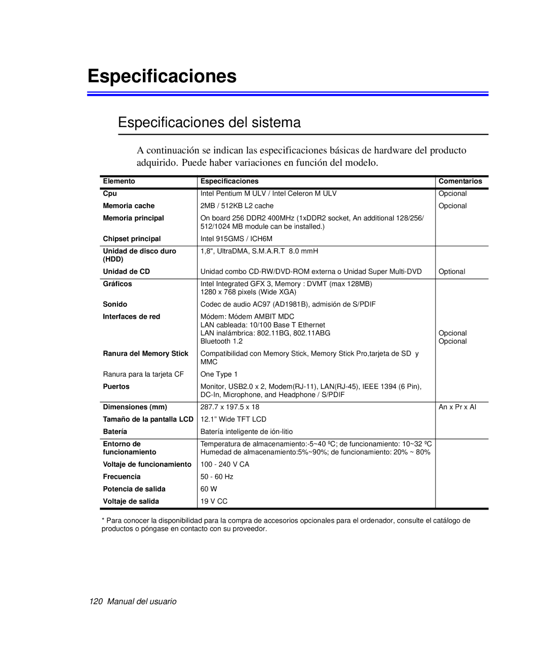 Samsung NP-Q30CY02/SES, NP-Q30TY02/SES, NP-Q30T001/SES, NP-Q30CY01/SES, NP-Q30C002/SES manual Especificaciones del sistema 