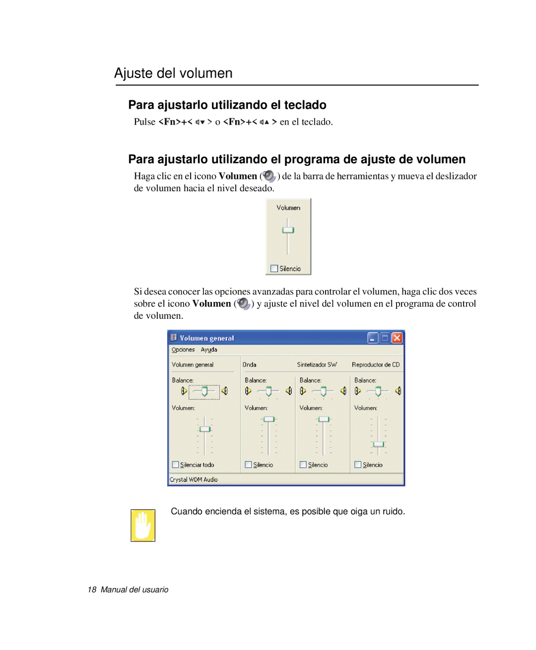 Samsung NP-Q30T004/SES, NP-Q30TY02/SES manual Ajuste del volumen, Para ajustarlo utilizando el programa de ajuste de volumen 