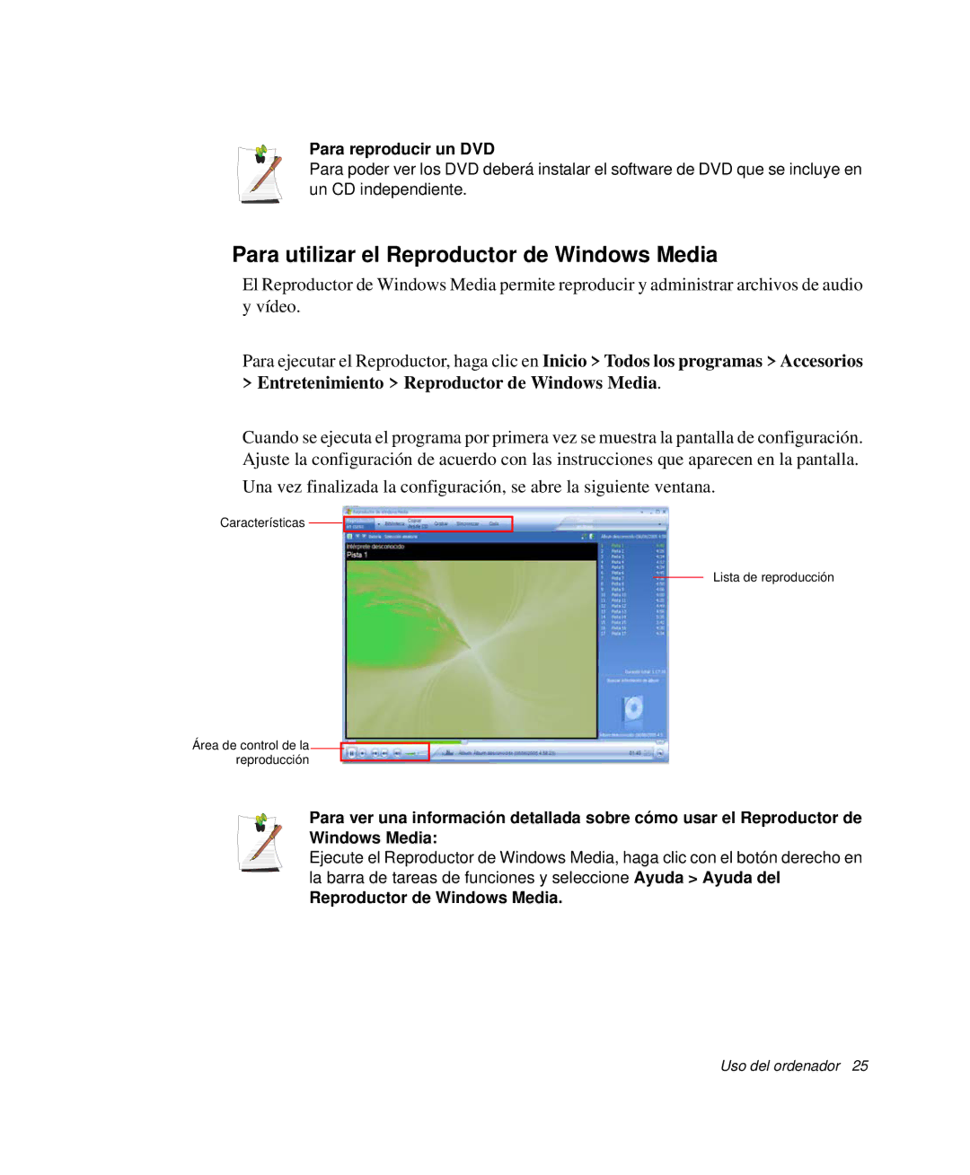 Samsung NP-Q30CY01/SES, NP-Q30TY02/SES manual Para utilizar el Reproductor de Windows Media, Para reproducir un DVD 