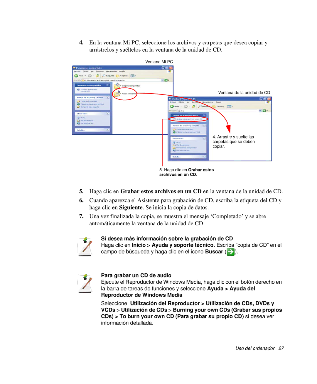 Samsung NP-Q30TY01/SEP, NP-Q30TY02/SES manual Si desea más información sobre la grabación de CD, Para grabar un CD de audio 