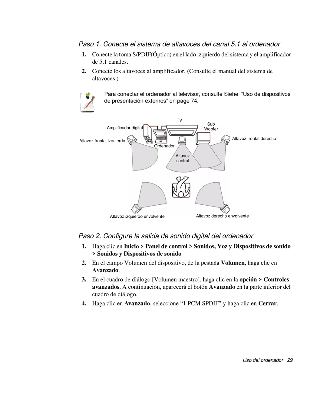 Samsung NP-Q30T003/SES, NP-Q30TY02/SES, NP-Q30T001/SES manual Paso 2. Configure la salida de sonido digital del ordenador 