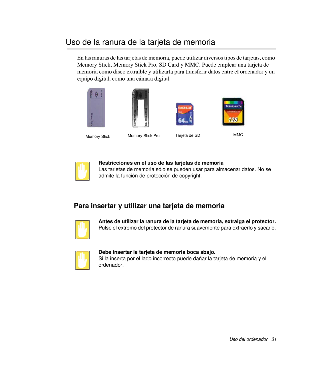 Samsung NP-Q30TY01/SES manual Uso de la ranura de la tarjeta de memoria, Para insertar y utilizar una tarjeta de memoria 