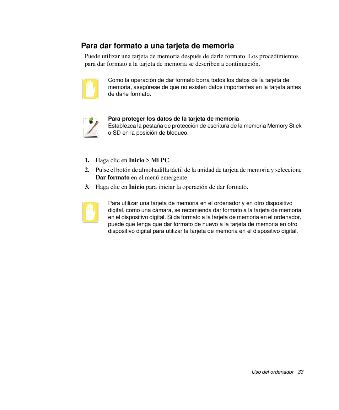 Samsung NP-Q30T002/SES manual Para dar formato a una tarjeta de memoria, Para proteger los datos de la tarjeta de memoria 