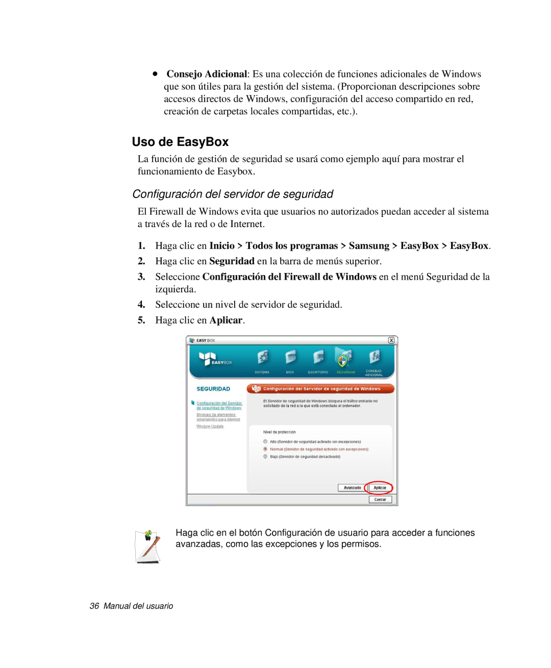 Samsung NP-Q30CY02/SES, NP-Q30TY02/SES, NP-Q30T001/SES manual Uso de EasyBox, Configuración del servidor de seguridad 