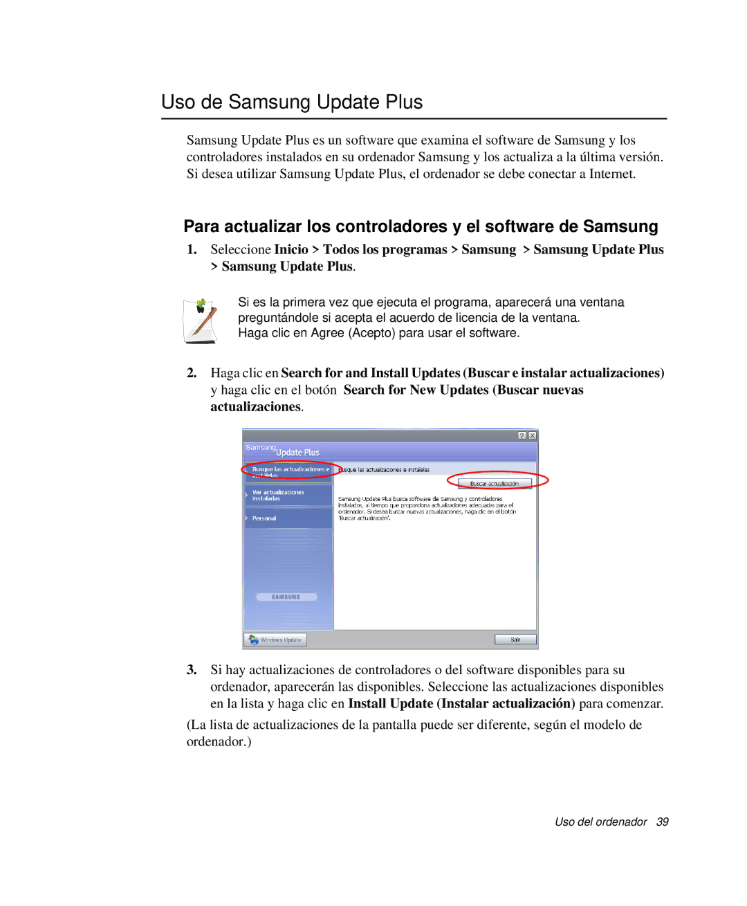 Samsung NP-Q30CY01/SES manual Uso de Samsung Update Plus, Para actualizar los controladores y el software de Samsung 