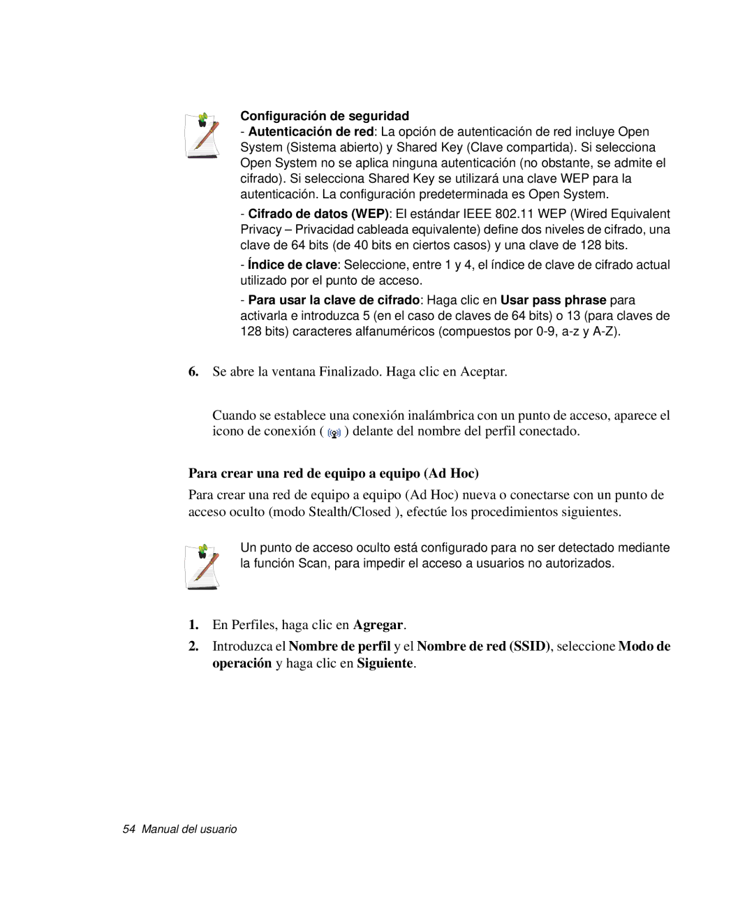 Samsung NP-Q30C002/SES, NP-Q30TY02/SES manual Para crear una red de equipo a equipo Ad Hoc, Configuración de seguridad 