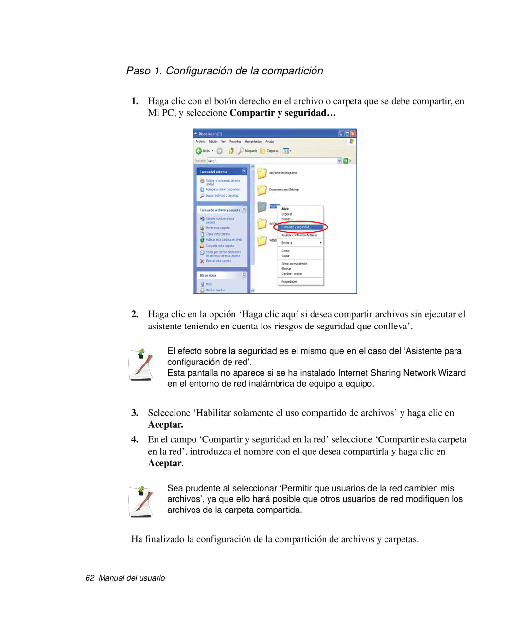 Samsung NP-Q30T000/SES, NP-Q30TY02/SES, NP-Q30T001/SES, NP-Q30CY01/SES Paso 1. Configuración de la compartición, Aceptar 