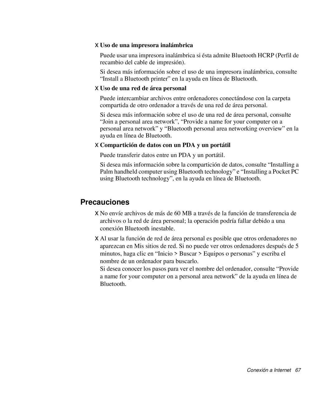 Samsung NP-Q30CY01/SES, NP-Q30TY02/SES Precauciones, Uso de una impresora inalámbrica, Uso de una red de área personal 