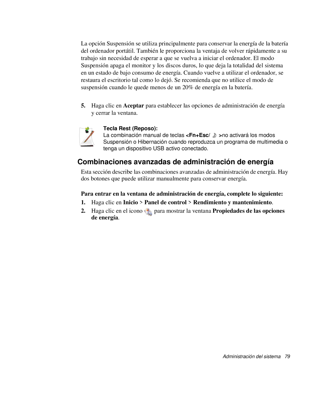 Samsung NP-Q30TY02/SES, NP-Q30T001/SES manual Combinaciones avanzadas de administración de energía, Tecla Rest Reposo 