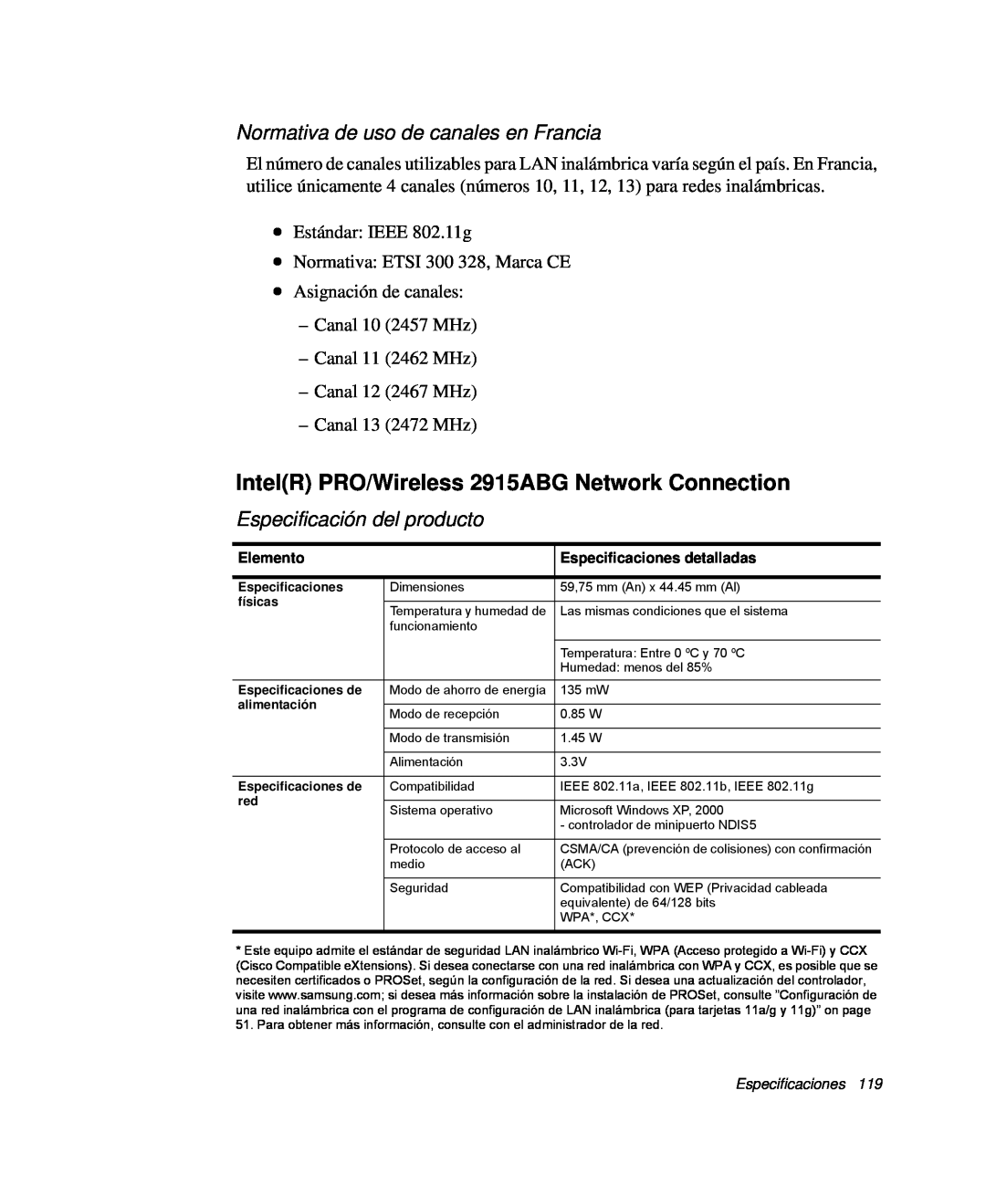 Samsung NP-P40CV03/SES IntelR PRO/Wireless 2915ABG Network Connection, Normativa de uso de canales en Francia, Elemento 