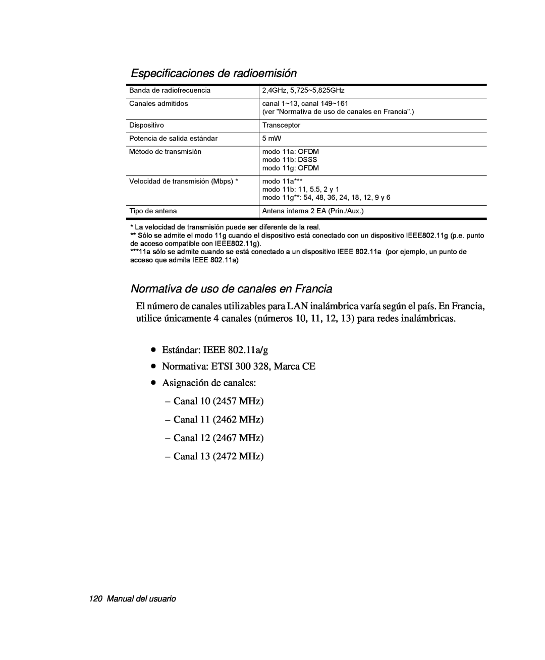 Samsung NP-P40TV04/SES manual Especificaciones de radioemisión, Normativa de uso de canales en Francia, Manual del usuario 