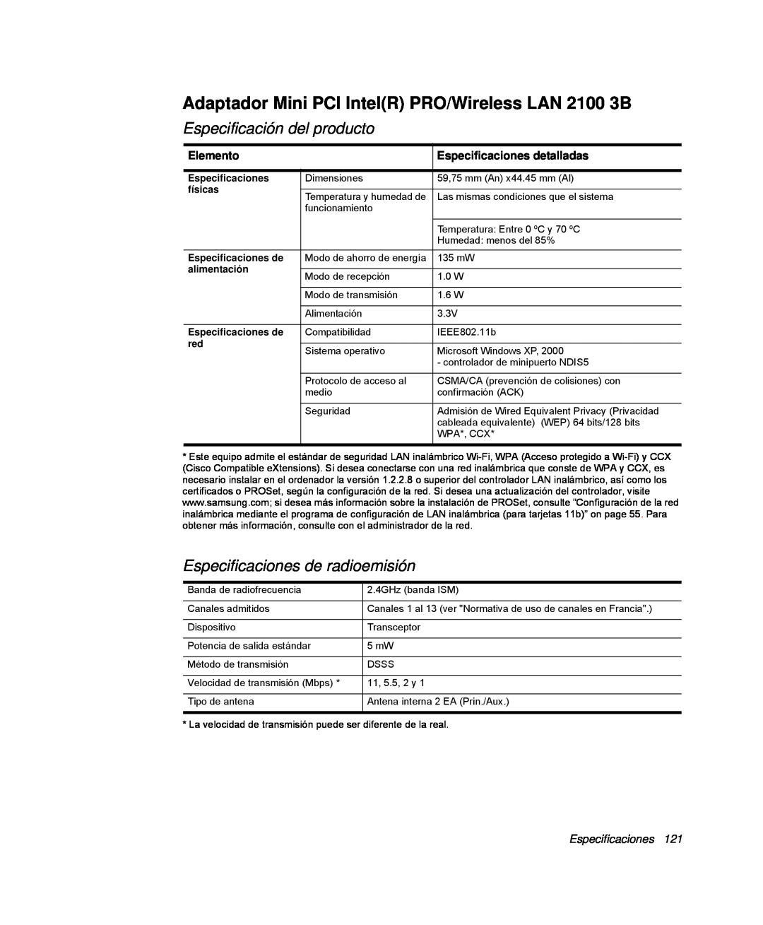 Samsung NP-P40CV04/SES manual Adaptador Mini PCI IntelR PRO/Wireless LAN 2100 3B, Especificación del producto, Elemento 