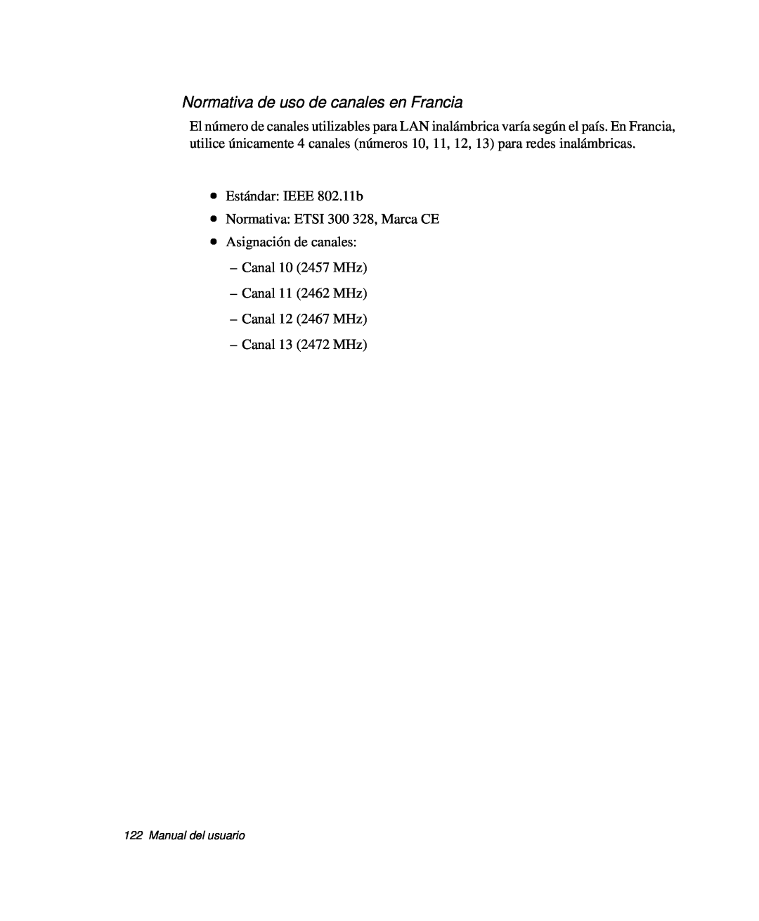 Samsung NP-Q30TY03/SES, NP-Q30TY02/SES, NP-Q30T001/SES manual Normativa de uso de canales en Francia, Manual del usuario 