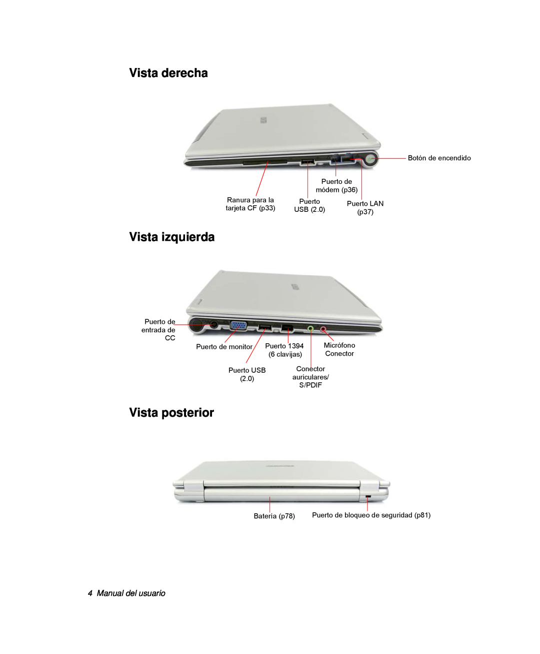 Samsung NP-Q30T002/SES, NP-Q30TY02/SES, NP-Q30T001/SES Vista derecha, Vista izquierda, Vista posterior, Manual del usuario 