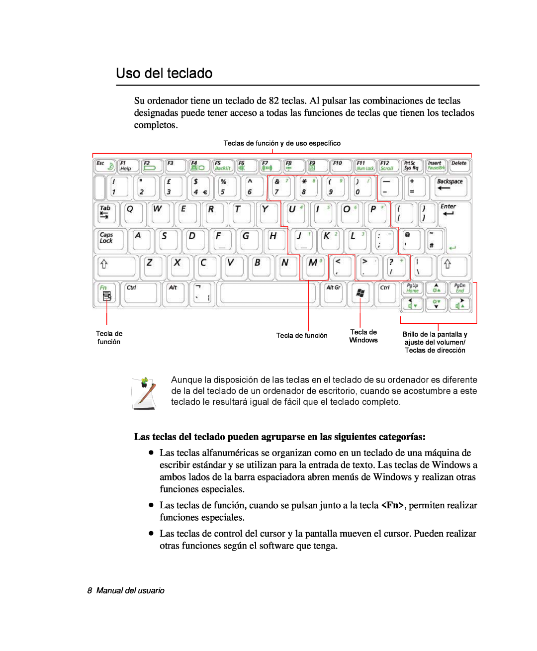 Samsung NP-Q30TY02/SES manual Uso del teclado, Las teclas del teclado pueden agruparse en las siguientes categorías 