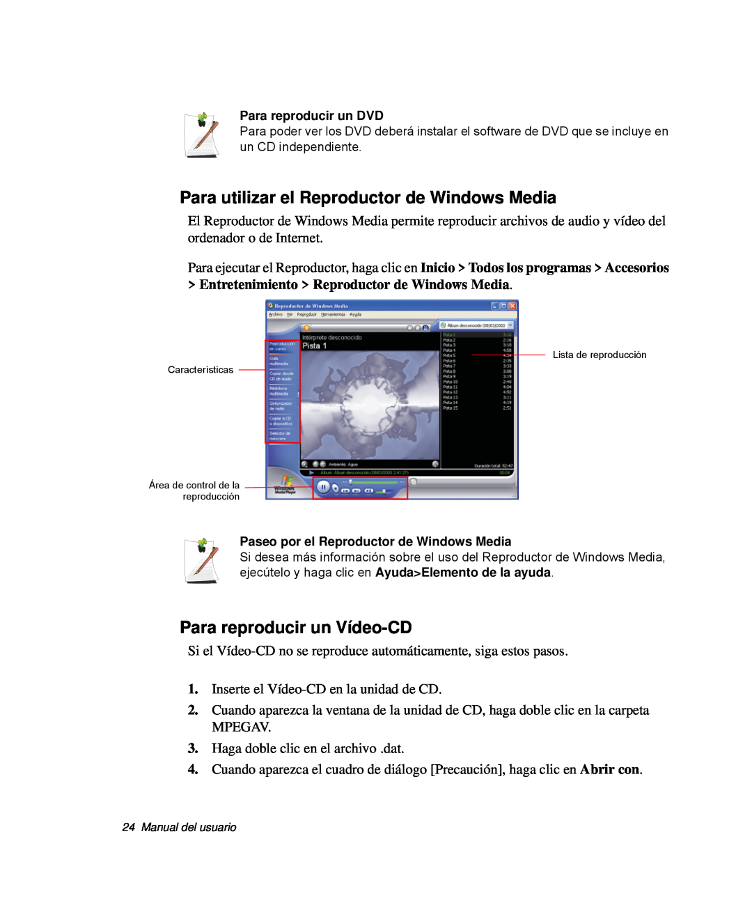 Samsung NP-Q30T004/SES, NP-Q30TY02/SES manual Para utilizar el Reproductor de Windows Media, Para reproducir un Vídeo-CD 