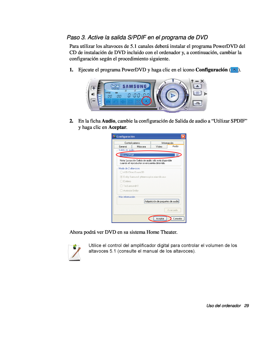 Samsung NP-Q30TY02/SES, NP-Q30T001/SES, NP-Q30CY01/SES, NP-Q30C002/SES Paso 3. Active la salida S/PDIF en el programa de DVD 