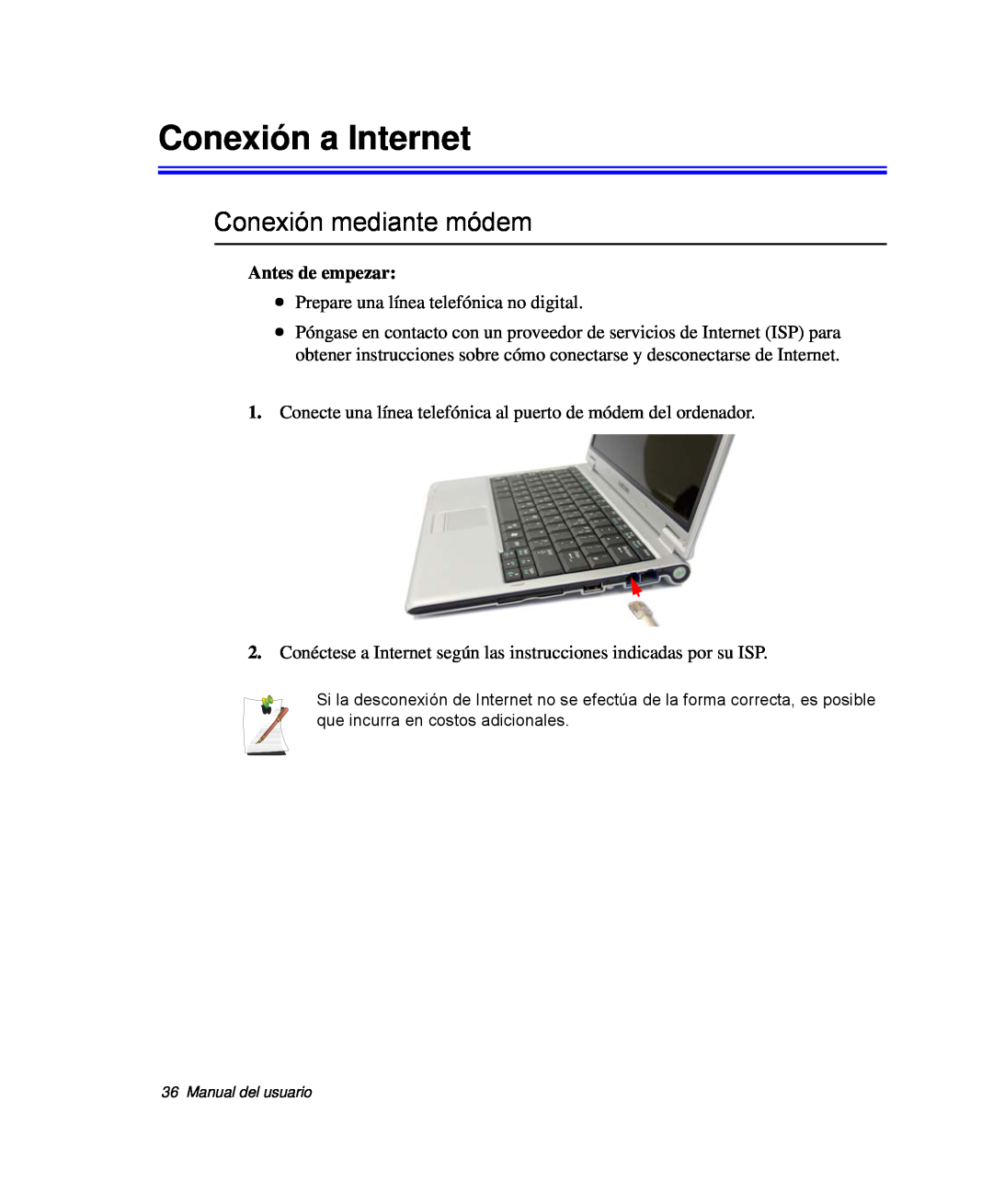 Samsung NP-P40TV04/SES, NP-Q30TY02/SES, NP-Q30T001/SES manual Conexión a Internet, Conexión mediante módem, Antes de empezar 