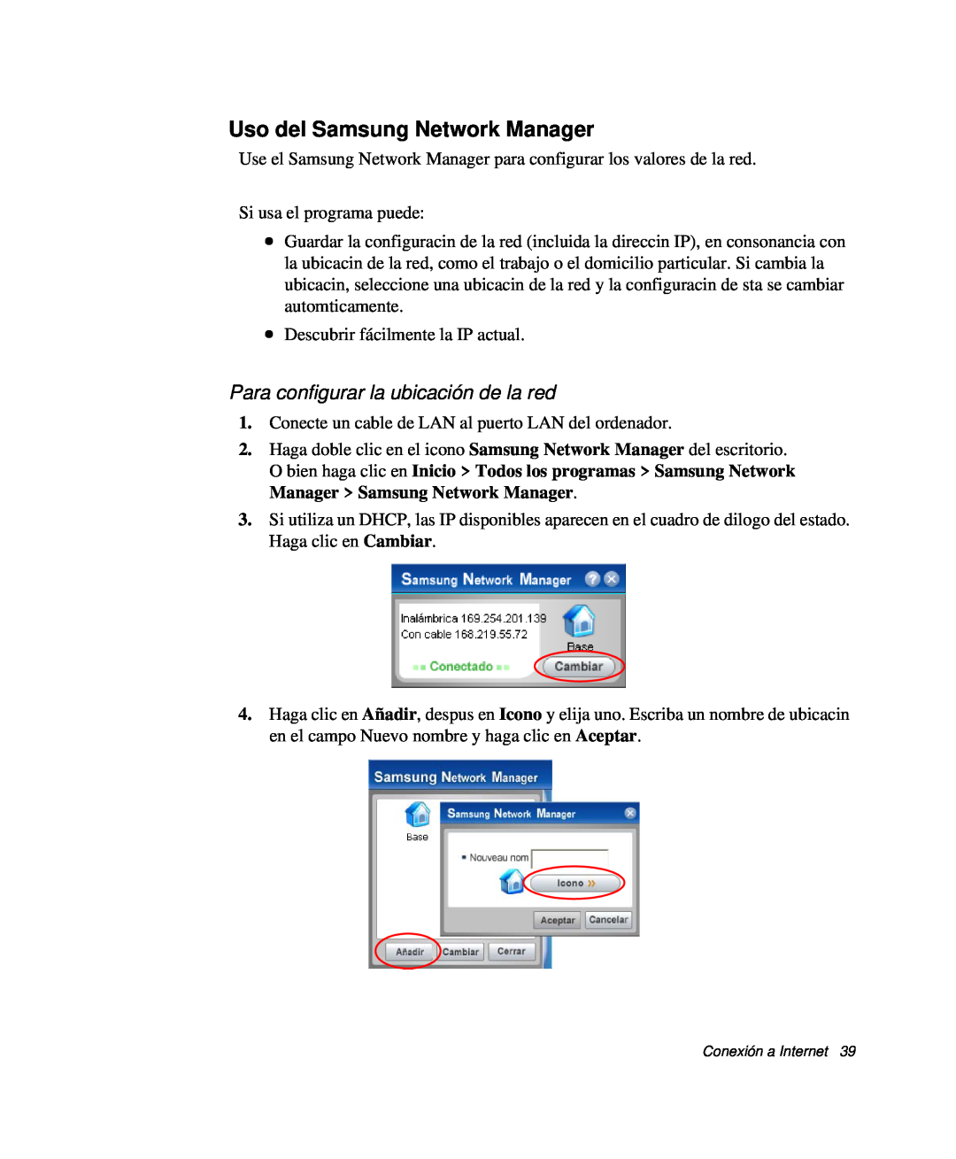 Samsung NP-Q30T003/SES, NP-Q30TY02/SES manual Uso del Samsung Network Manager, Para configurar la ubicación de la red 