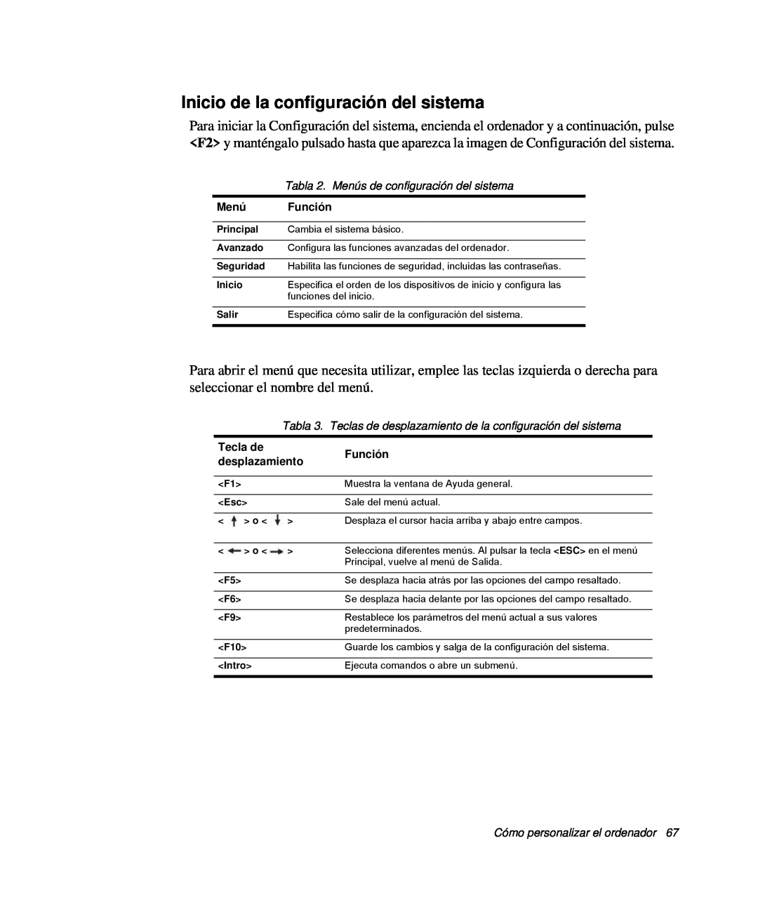 Samsung NP-Q30T002/SES manual Inicio de la configuración del sistema, Tabla 2. Menús de configuración del sistema, Función 