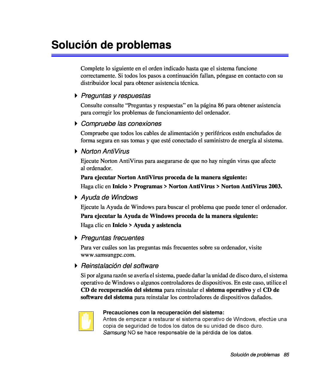 Samsung NP-P40CV01/SES manual Solución de problemas, Preguntas y respuestas, Compruebe las conexiones, Norton AntiVirus 