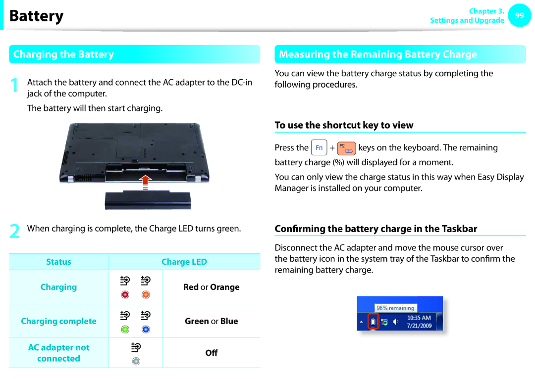 Samsung NP-Q530-JT02SE manual Charging the Battery, Measuring the Remaining Battery Charge, To use the shortcut key to view 