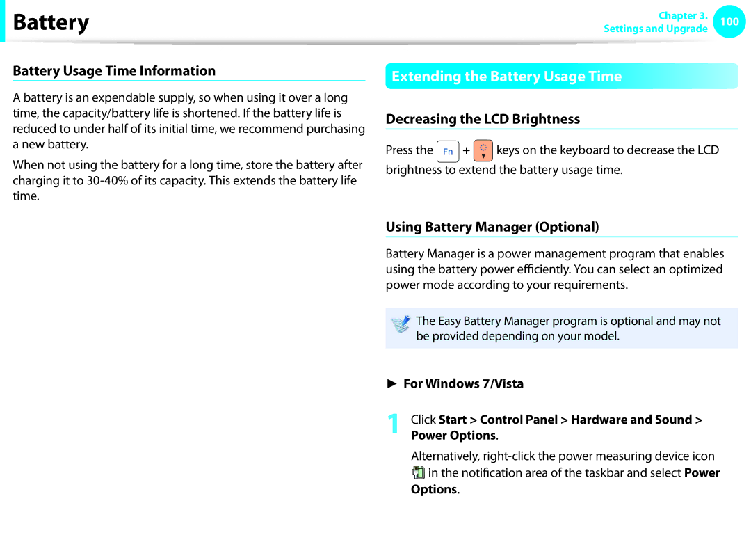 Samsung NP-Q330-JS02SE Extending the Battery Usage Time, Battery Usage Time Information, Decreasing the LCD Brightness 