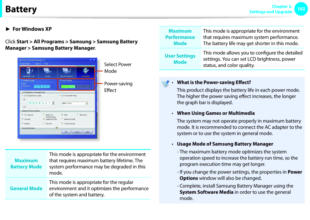 Samsung NP-Q530-JS03SE, NP-Q330-JS01DE System and battery, Status, and color quality, What is the Power-saving Effect? 