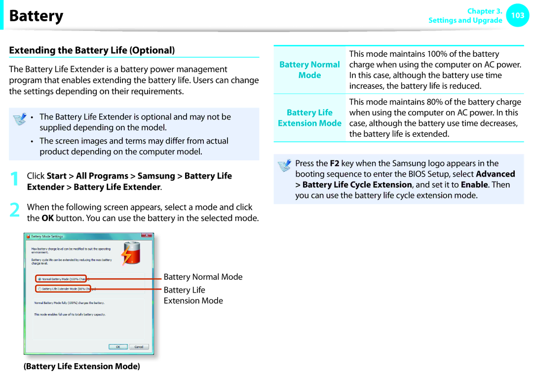 Samsung NP-Q330-JA02EE manual Extending the Battery Life Optional, Battery Normal Mode Battery Life Extension Mode 