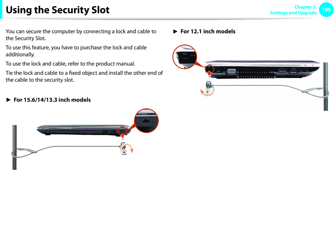 Samsung NP-Q530-JS05SE, NP-Q330-JS01DE, NP-Q330-JS04DE, NP-Q330-JS01AT Using the Security Slot, For 15.6/14/13.3 inch models 