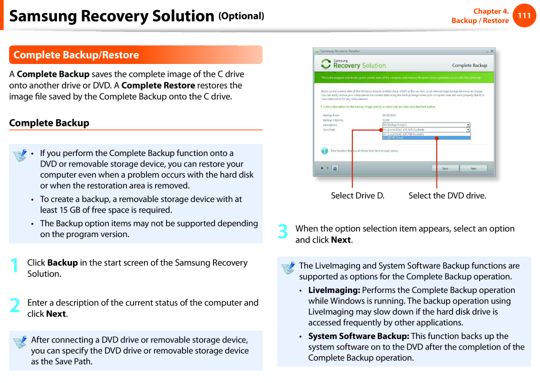 Samsung NP-Q530-JT01RU, NP-Q330-JS01DE, NP-Q330-JS04DE manual Samsung Recovery Solution Optional, Complete Backup/Restore 