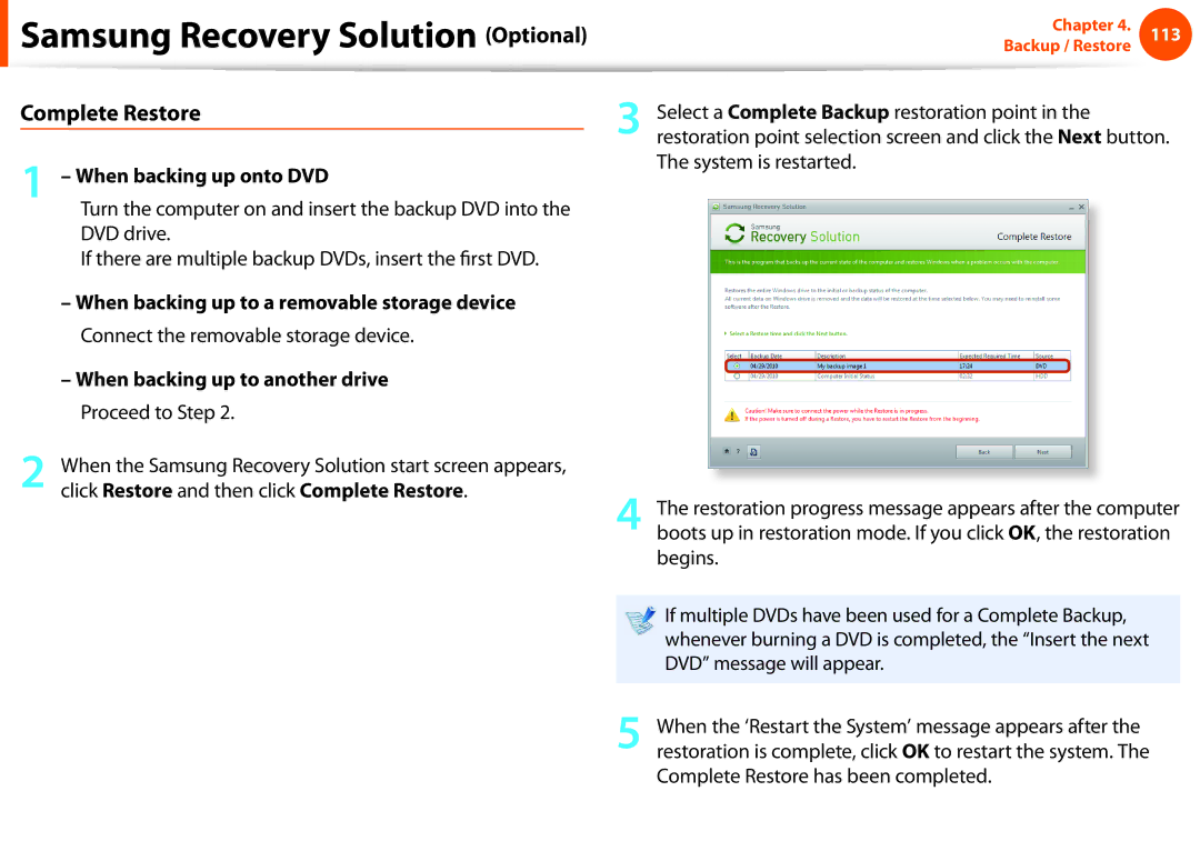 Samsung NP-Q330-JS01RU, NP-Q330-JS01DE, NP-Q330-JS04DE manual Complete Restore, When backing up onto DVD, Proceed to Step 