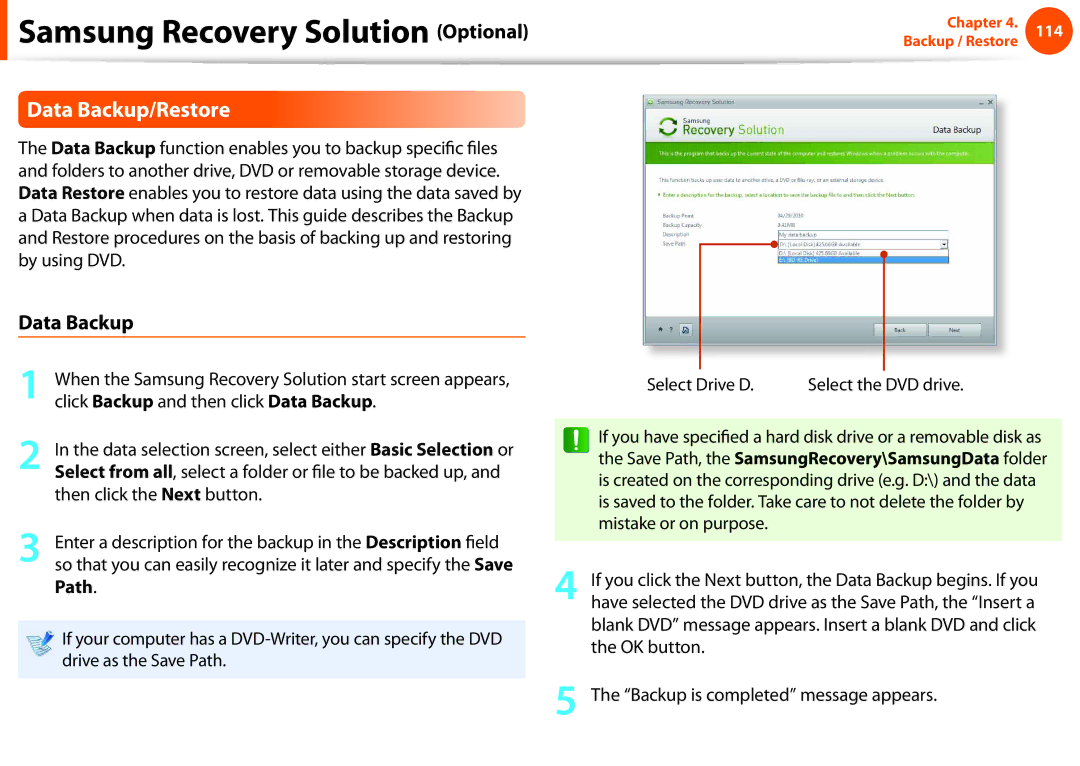 Samsung NP-Q530-JA01RU, NP-Q330-JS01DE, NP-Q330-JS04DE manual Data Backup/Restore, Click Backup and then click Data Backup 