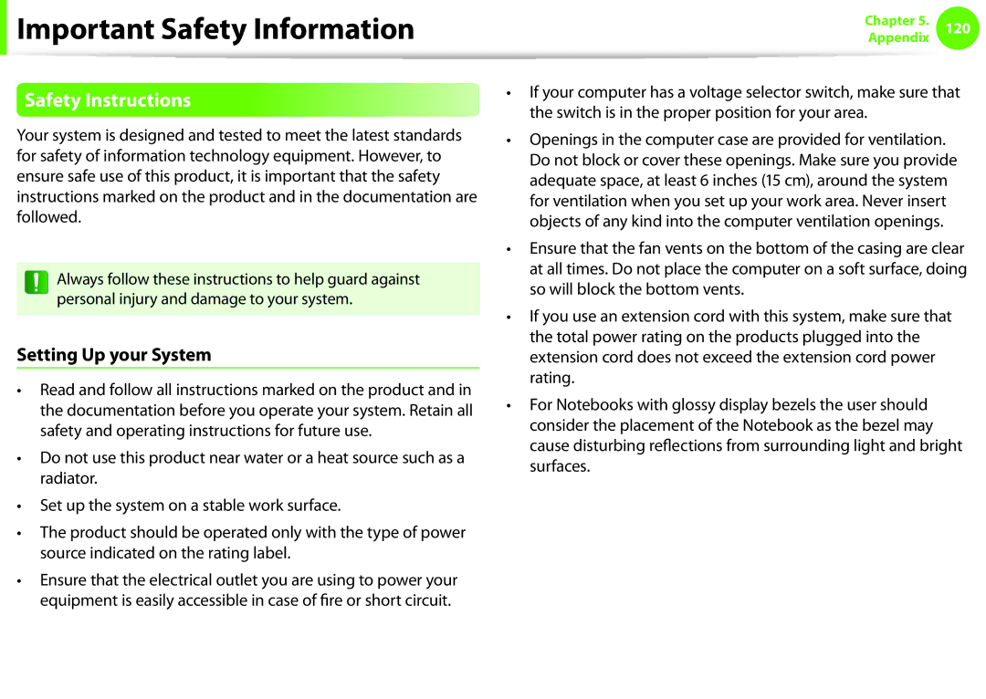 Samsung NP-Q330-JS01CH, NP-Q330-JS01DE manual Important Safety Information, Safety Instructions, Setting Up your System 