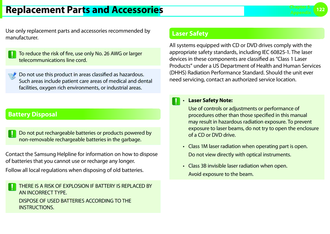 Samsung NP-Q330-JS05PL, NP-Q330-JS01DE, NP-Q330-JS04DE, NP-Q330-JS01AT manual Battery Disposal, Laser Safety Note 