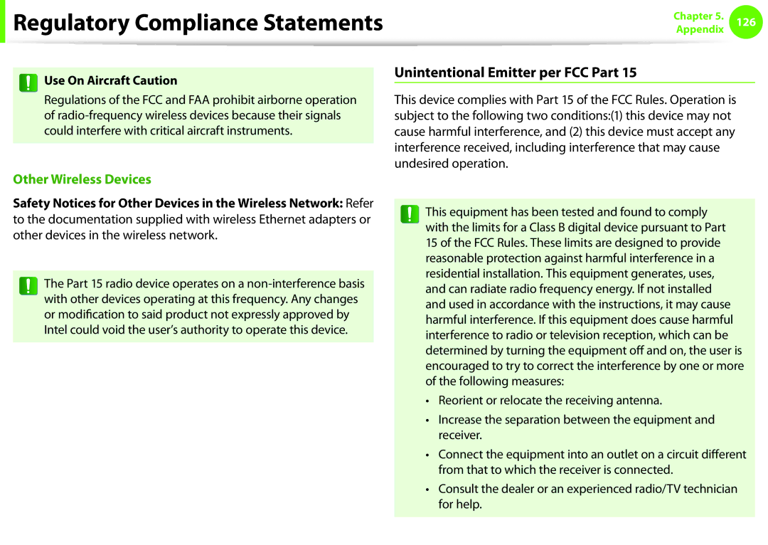 Samsung NP-Q530-JS01CH, NP-Q330-JS01DE, NP-Q330-JS04DE manual Unintentional Emitter per FCC Part, Use On Aircraft Caution 